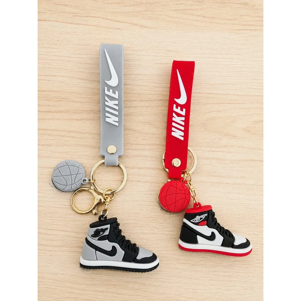 Mini High Top Sneaker Keychains Set of 2 Gray & Red Shoe Charms w/ Wrist Straps